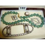 Jade (? ) beaded necklace, diamante buckles, silver cameo brooch