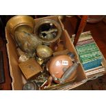 Collection of brass and copperware and a quantity of tiles