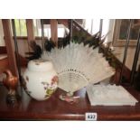 Antique Chinese bone and ivory painted peacock feather fan, a Beswick "Beneagles" whisky