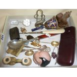 Box of assorted, various silver pendants, elephant menu holder, cigar case, opera glasses, spoons,