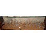 Shelf of good quality vintage glassware, champagne coupes, decanter, engraved wine glasses etc