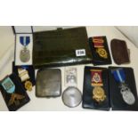 Assorted Masonic jewels or medals in cases, Art Deco crocodile handbag, hallmarked silver powder