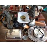 Silver plated entree dish, a salver, kitchen scales, two Art Nouveau spelter figures (A/F) and a