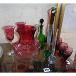 Assorted coloured glassware including Cranberry water jug etc (10 pieces)