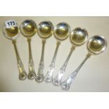 Set of six hallmarked silver King's pattern soup spoons, Edmund Viner Sheffield 1938, approx 11.5