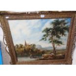 18th c. oil of a landscape with cattle dated 1878, signed by G.G. Martinette, 19.5" x 23" in gilt