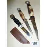 John Nowill & Sons Skean Dhu Scottish dirk knife, and two others similar with antler handles