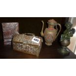 Embossed brass casket, Oriental soapstone carving, small Eastern coffee pot and a resin putti