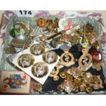 Assorted military badges, and others, buttons, cufflinks, etc.