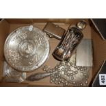 Box of silver plate, Indian white metal necklace, pastry forks and a rare Baron chrome plated pipe