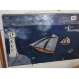 Naive oil on panel of boats and lighthouses by Dan Robinson, signed and dated 2009