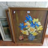 A still life with flowers and geisha girl doll, signed Matthews and two other pictures