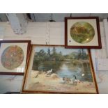 Pair of oil painting of cottage gardens and a watercolour of ducks and geese by a lake
