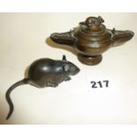 Oriental bronze spirit lamp with mouse handle, and a Japanese bronze mouse