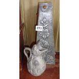 Art Nouveau beaten pewter vase with floral and beetle decoration and a 19th c. French grotesque