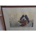 Colour print of a spaniel with grouse signed in pencil by Leon Danchin