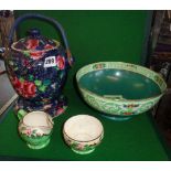 Maling china cream jug and basin, a similar fruit bowl (A/F) and a biscuit barrel on stand