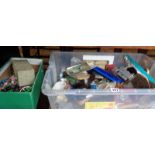 A crate of miscellaneous items and a box of assorted costume jewellery etc