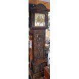 19th century Grandfather clock in carved oak case with 13" square brass dial, silvered chapter