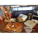 Assorted items, inc. trays, tribal art wood figure, modern brass board games box and brassware,