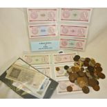 Collection of banknotes, inc. Cuban, assorted coins, some silver