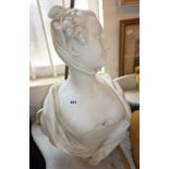 Large 19th century Parian ware bust of a young woman with scarf, approx 57cms high