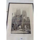 Large etching of York Minster and Bootham Bar by William Renison (1893-1938), 18" x 12", signed