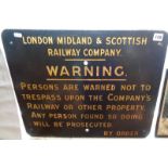 Railway warning sign in enamel for LMS Railway company, 18" x 22"