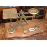 Victorian brass and mahogany letter scales with weights