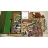 Singer sewing machine accessories in box, William Rodgers pocket knife, two whistles, ACME thunderer