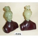 Pair of carved Chinese jade ladies decorated with gemstones, and set into hardwood bases, approx.