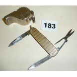 Small pocket or penknife with 9ct machine engraved case and an Acme Thunderer whistle, c. WW2 marked