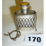 Hallmarked pierced silver cased scent bottle with yellow guilloche enamel lid - William Henry