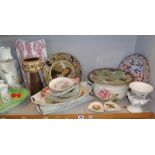 Shelf of assorted pottery and china, inc. Royal Doulton plates, Jersey Pottery, Beswick lettuce leaf
