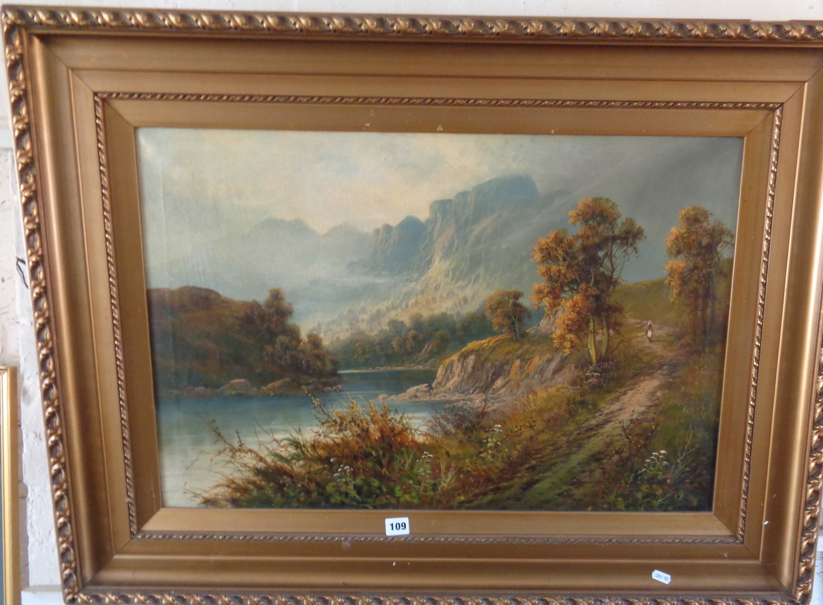 Victorian oil on canvas of an Alpine scene with figure, 20" x 30", signed lower right by John C. - Image 2 of 3