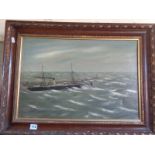 Marine oil on canvas of paddle steamer in choppy seas sailing by a jetty, signed A.J. Jansen