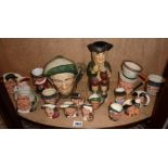 Shelf of miniature Royal Doulton character jugs and others