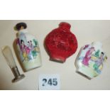 Chinese porcelain snuff bottles, another carved Cinnabar type and a letter seal