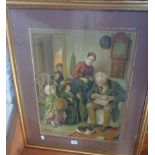 Framed Victorian coloured print of an interior family scene, titled verso 'Unexpected Visitor'