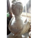 Large 19th c. Parian ware bust of a young woman with scarf, approx 57cm high