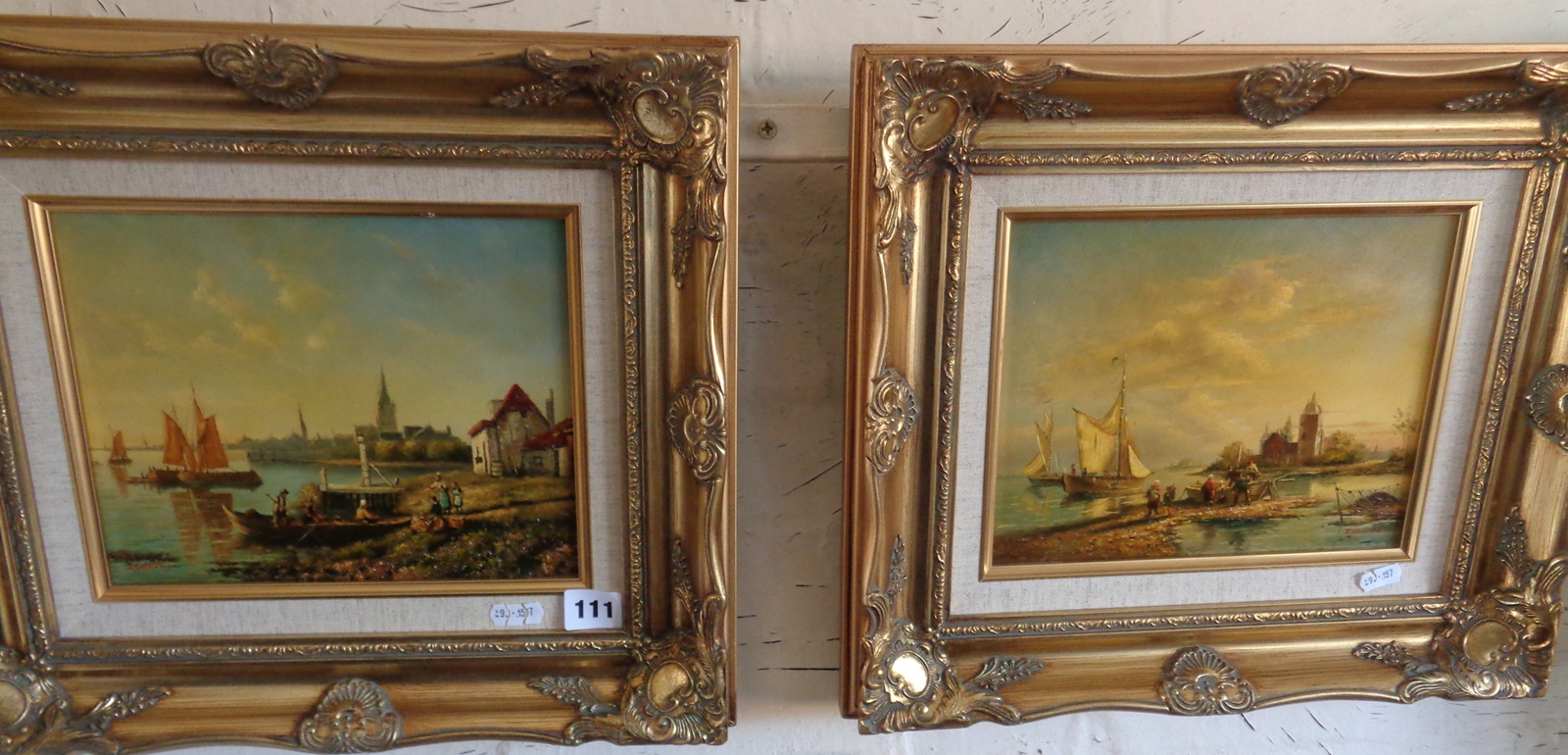 Pair of oils on panels of Dutch canal scenes in gilt frames, signed I. SELIN 35cm x 40cm including