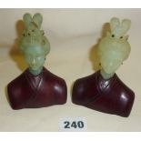 Pair of carved Oriental jade ladies decorated with gemstones, set into hardwood bases, approx. 4.