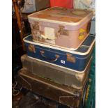 Two old laundry boxes and two vintage suitcases