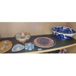 An Ian Barton studio pottery plate, a Japanese Satsuma bowl and plate etc (7 pieces)