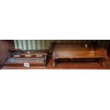 An old oak office desk pen tray and inkstand and an oak expanding book rack