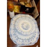 Large blue and white meat platter and six soup plates with the 'Dresden Views' pattern by