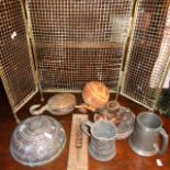 Victorian brass spark guard, pewter tankards and pipes etc