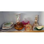 Pair of purple Carnival glass comports, a Price Kensington cottage ware teapot on stand and other