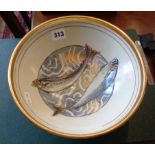 Studio Pottery: A Bowl with two mackerel and gold lustre decoration, 10" dia,