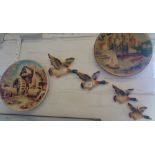 Set of four flying ducks and two plaster relief wall plaques